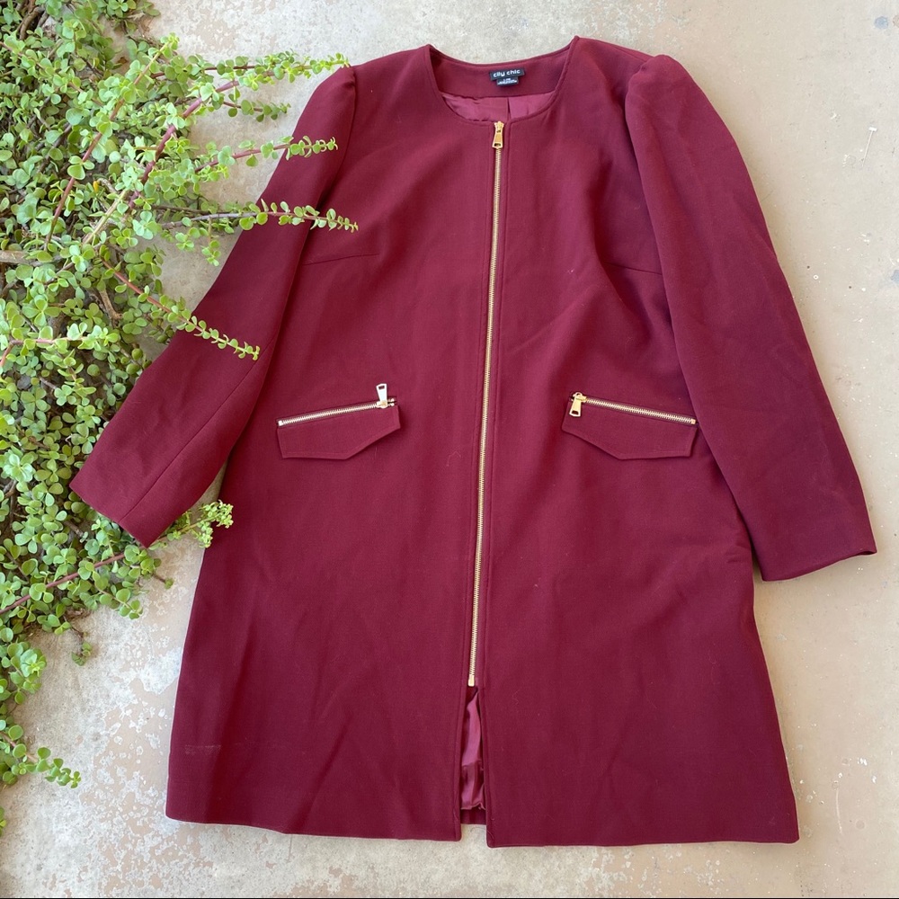 City Chic Simple Elegance Burgundy A-Line Coat